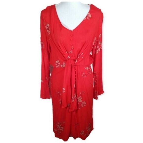 DRESS FORUM RED FLORAL TIE FRONT DRESS SZ.L EUC. - Picture 1 of 8